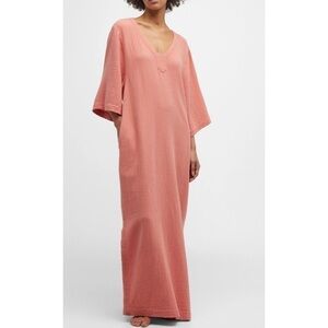 Barefoot Dreams Malibu Collection Sun Soaked Crinkle Cotton V-Neck Caftan Sz S.